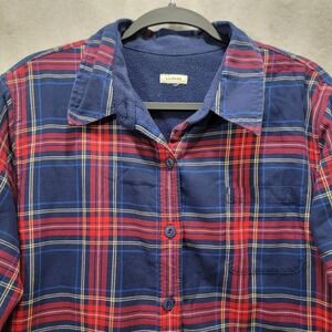 LLBean Womens Flannel Lined Shirt Jacket Red Blue Plaid Fleece Warm Size XL